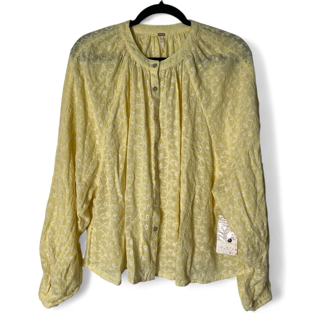 Free People -‎ Women’s Eyelet Peasant Blouse Top Yellow 100% Cotton NWT - Sz. S